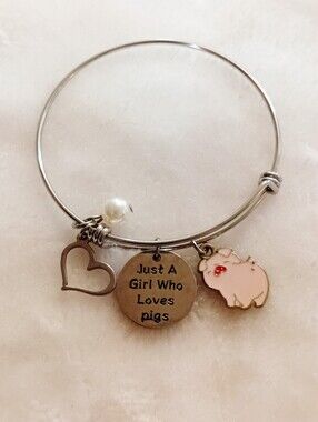 Just A Girl Who Loves Pigs Silver Bangle Bracelet with Pink Pig Charm